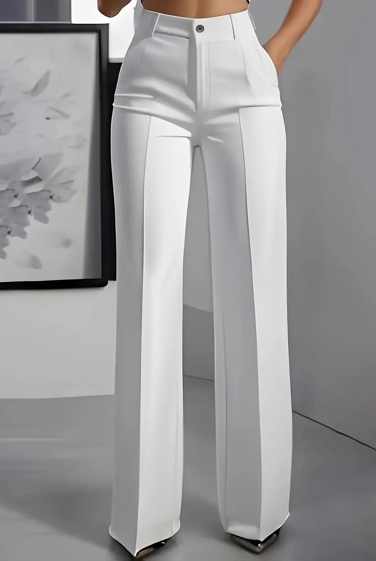 Women's high-waisted straight-leg trousers in white, formal office style, slim-fit cut, solid color, suitable for professional wear.