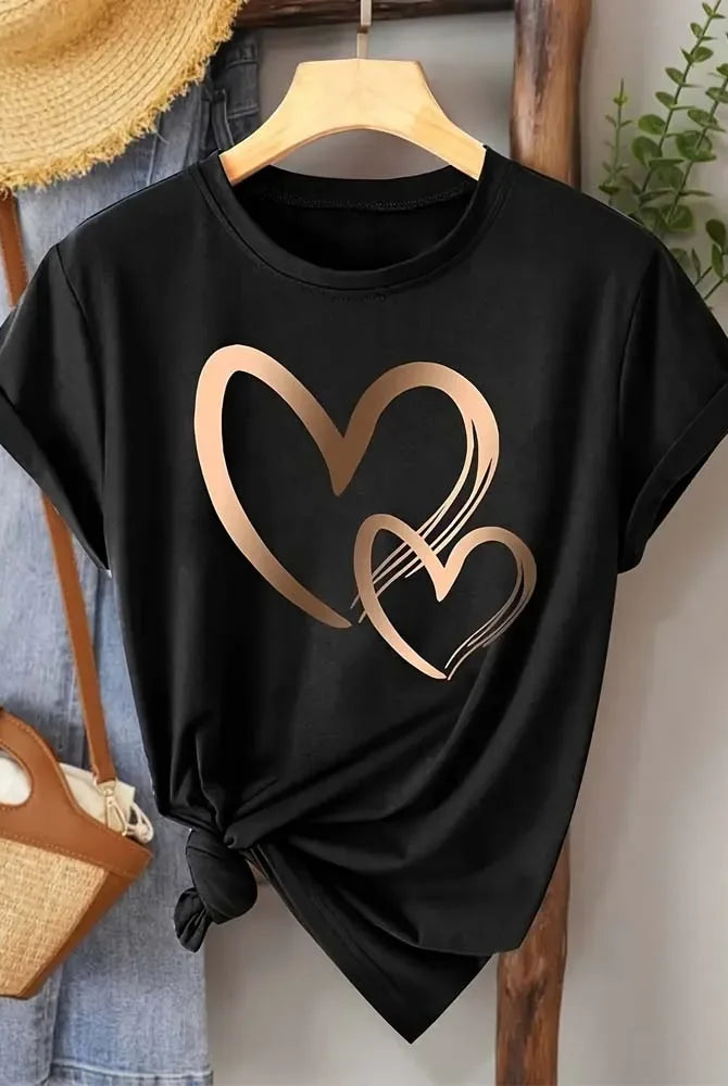Summer women's casual T-shirt with black fabric and gold heart print, round neck, short sleeves, and knot detail at the hem.