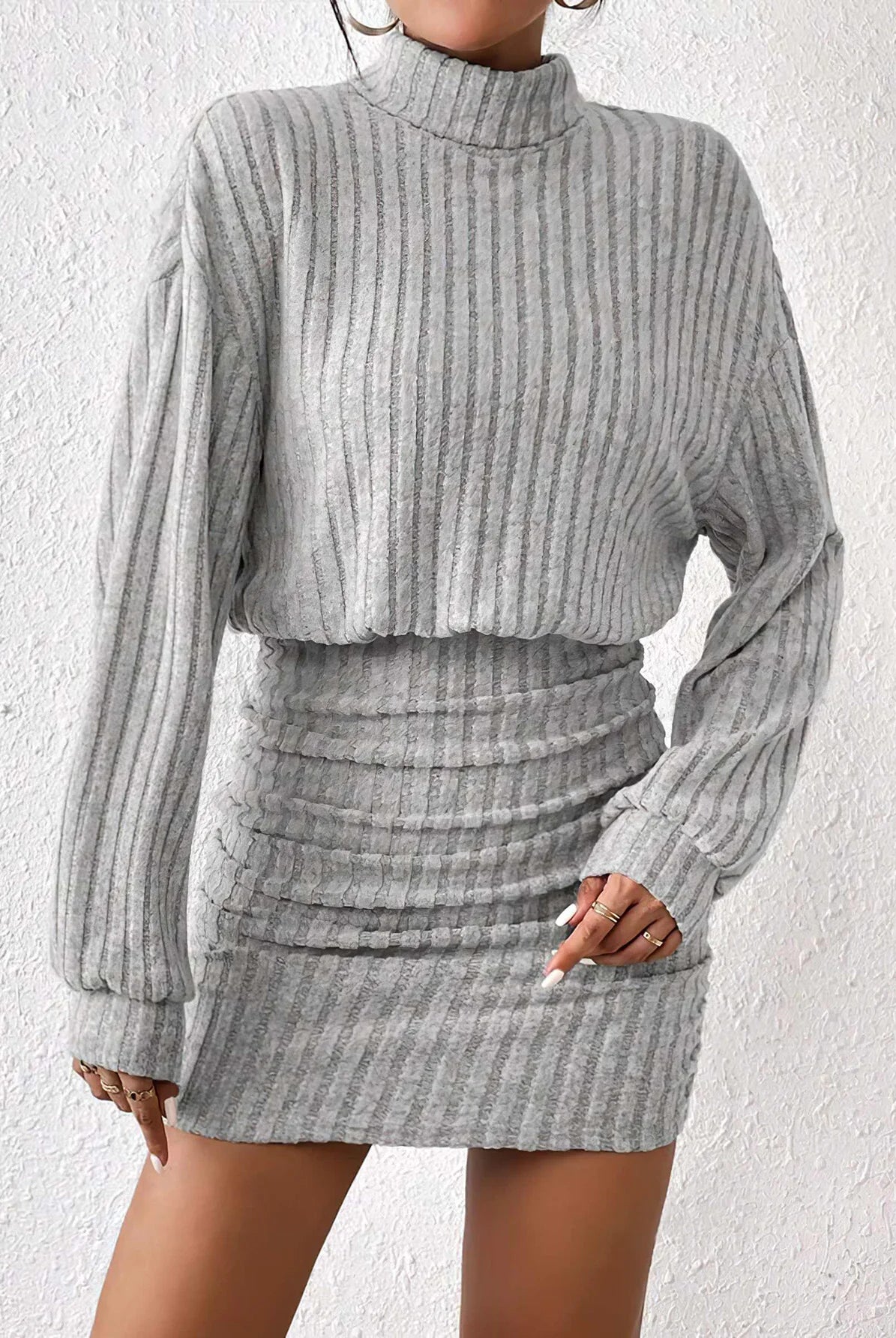 Women's Autumn Winter Fashion High Neck Knitted Sweater Dress in gray with vertical ribbed pattern, long sleeves, and midi