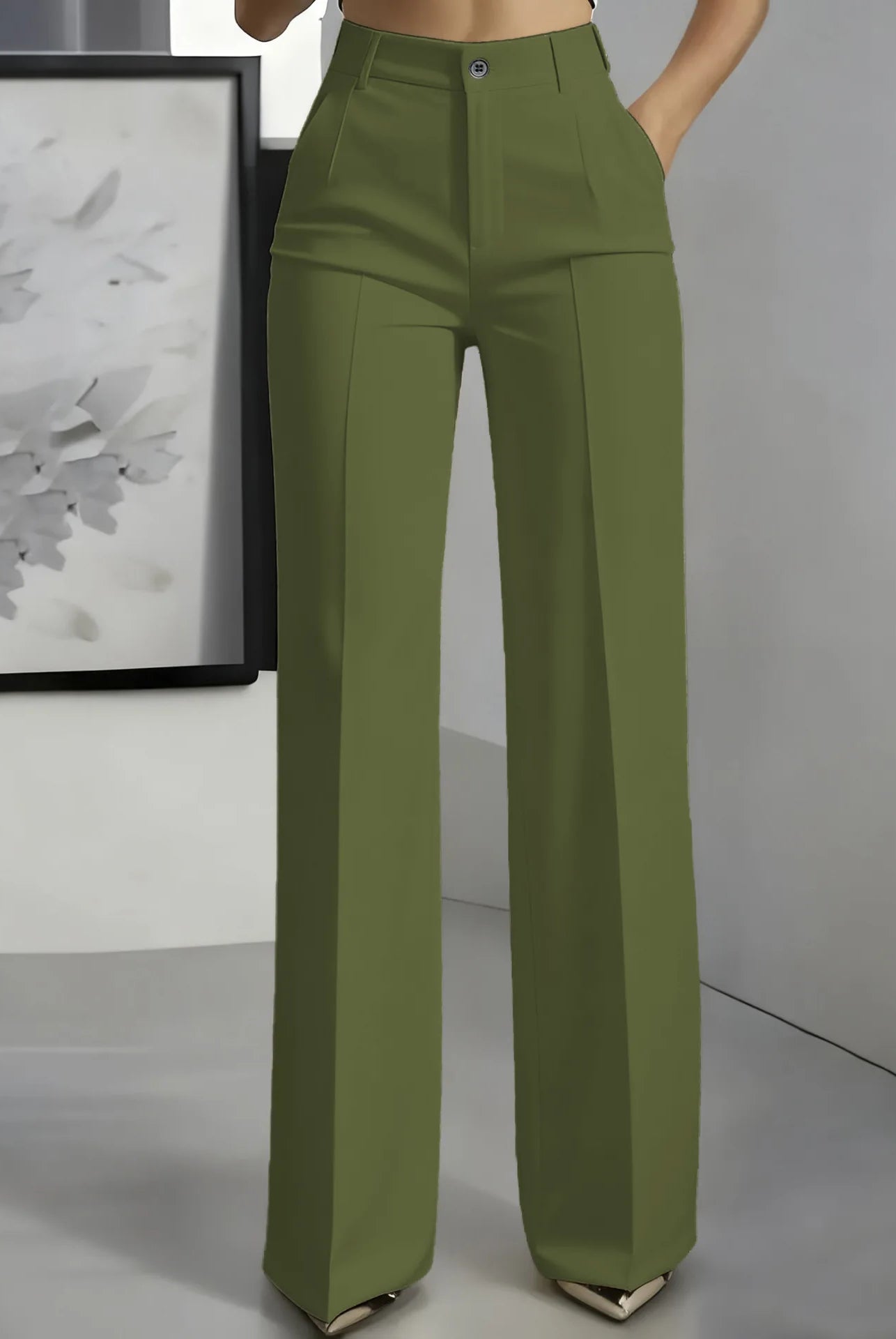Women's High-Waisted Straight-Leg Trousers Formal Office Trousers Slim-Fit Cut Classic Solid-Color Suit Trousers in olive green fabric.