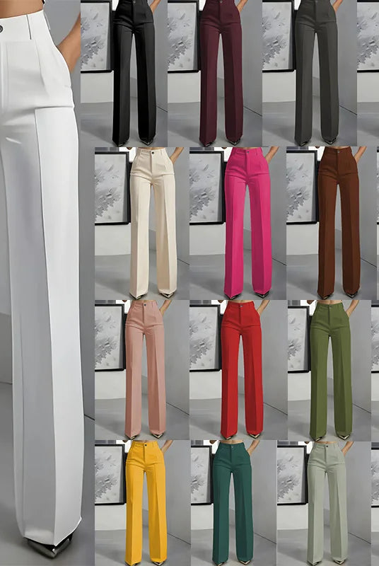 Women's High-Waisted Straight-Leg Trousers Formal Office Trousers Slim-Fit Cut Classic Solid-Color Suit Trousers in various colors displayed on mannequins.