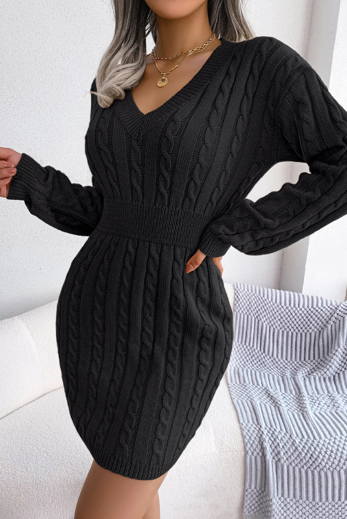 VigoCasey 2025 V Neck Casual Short Knit Dress in khaki, long sleeve, solid bodycon design, suitable for autumn and winter.