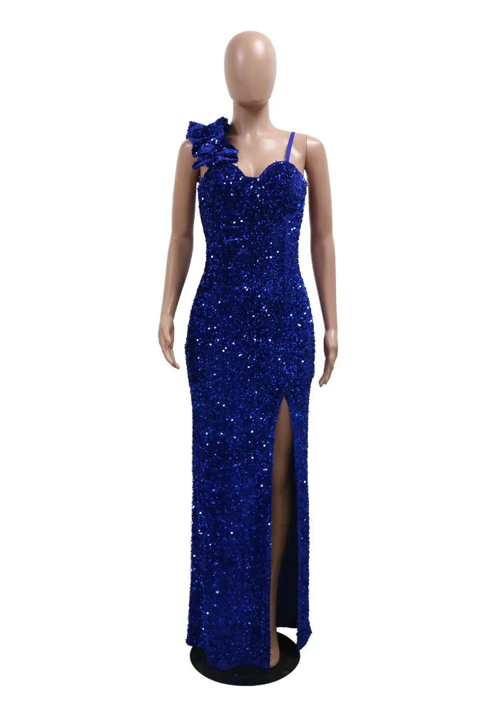 HBLL Sexy Black Red Sequined Split Long Maxi Dress with spaghetti straps, ruffle shoulder detail, and high slit, ideal for