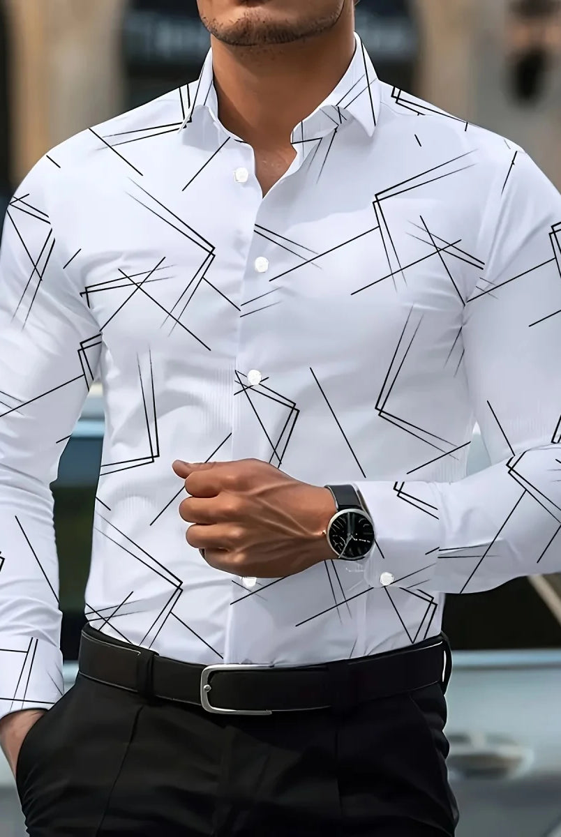 Men's Trendy Geometric 3D Line Print Long-Sleeved Shirt in white with black geometric patterns, casual button-up style.