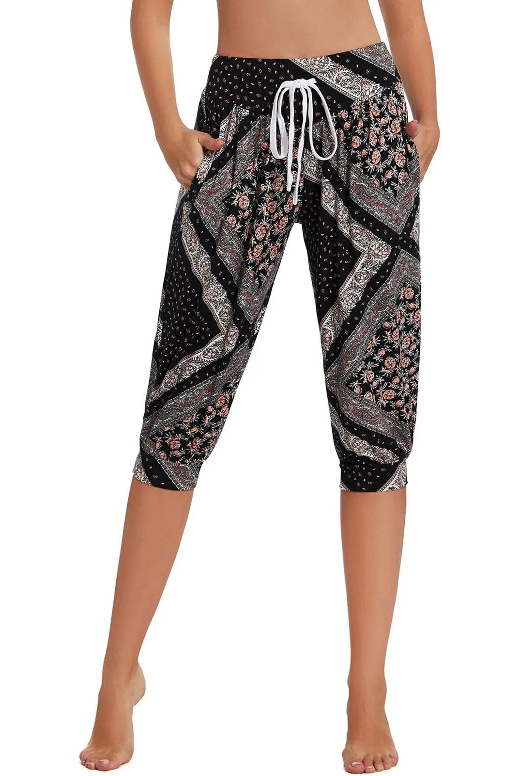 Women's Summer Loose Capri Pants Retro Printed Casual Sports Pants Yoga Pants with Pockets, black with pink and white floral
