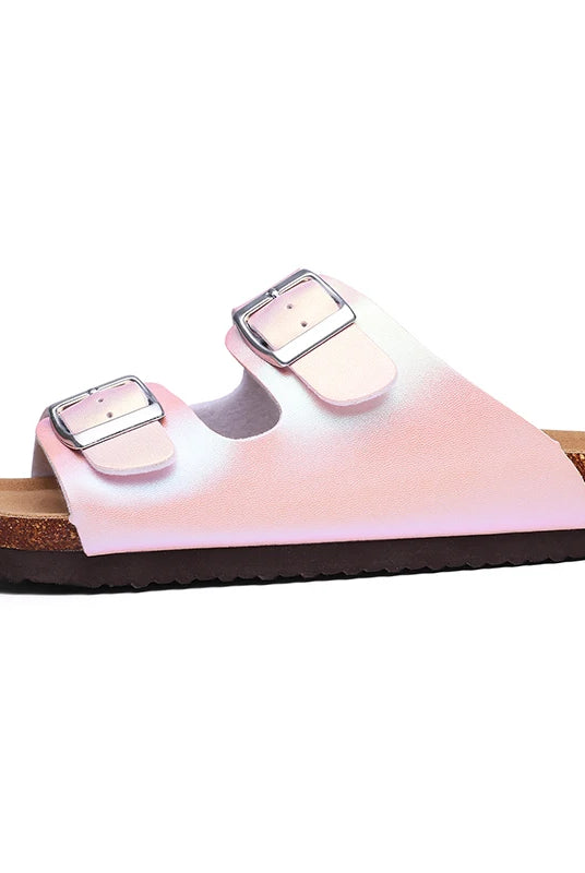 Comwarm New women's gradient slip-on slippers with pink double buckle straps, cork footbed, and flat sole for summer beach