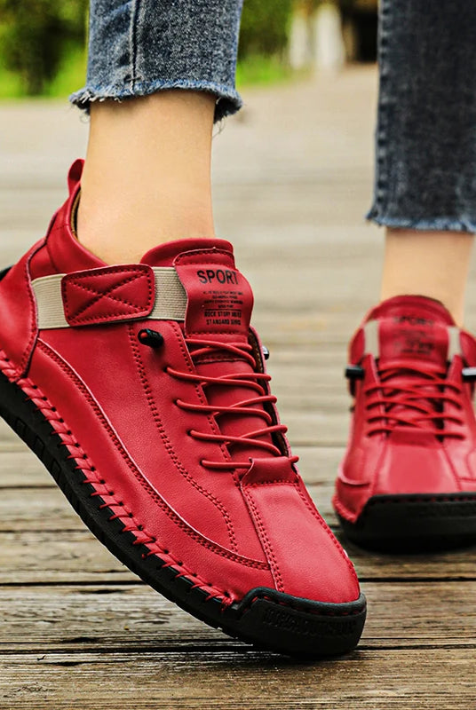 New Fashion Sneakers Handmade Leather Women's Shoes Mid-Top casual slip-on loafers in red with black soles, suitable for