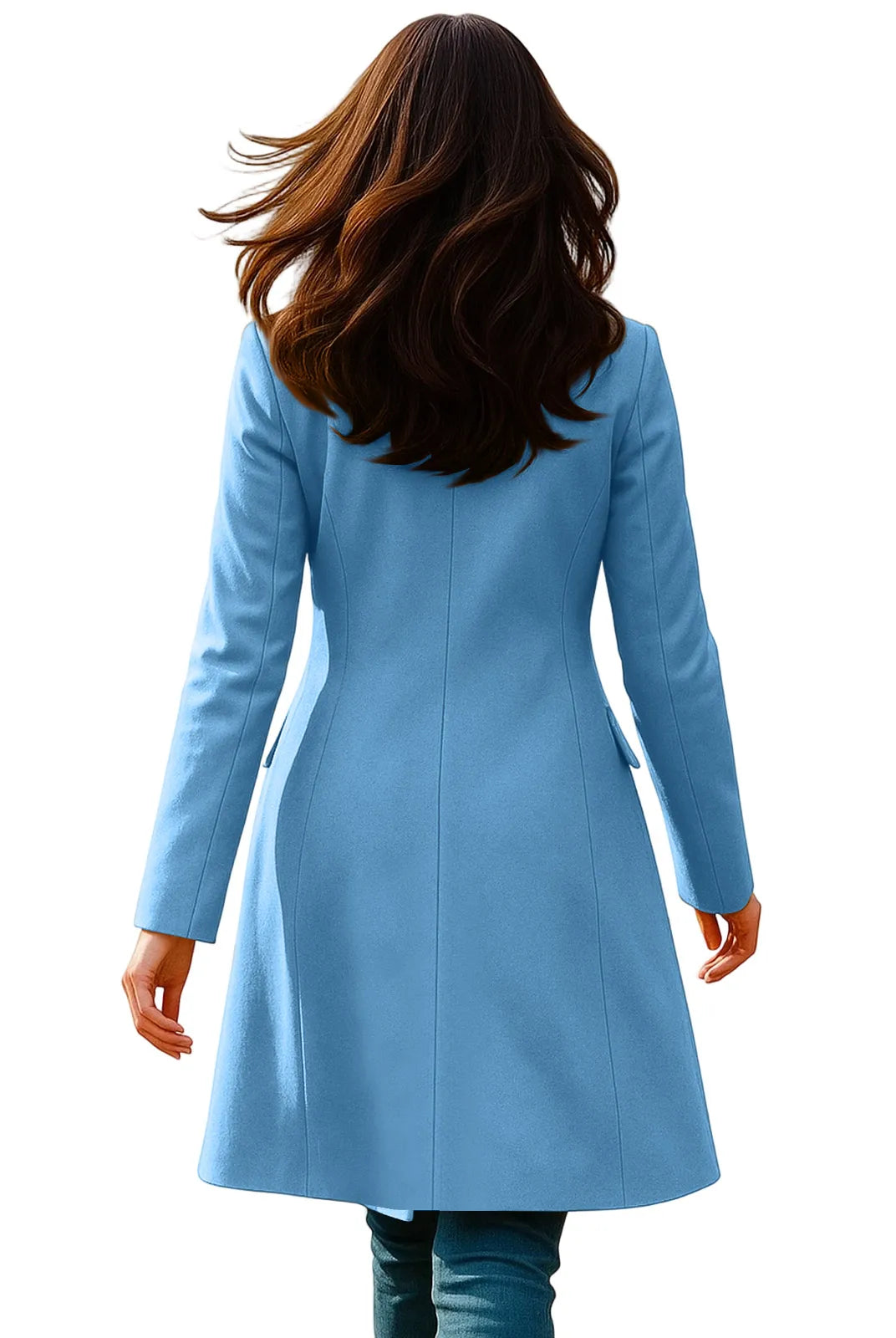 New Women's Coats Autumn Winter Long Sleeve Lapel Breasted Trench Coat in light blue, fitted A-line style, shown from back