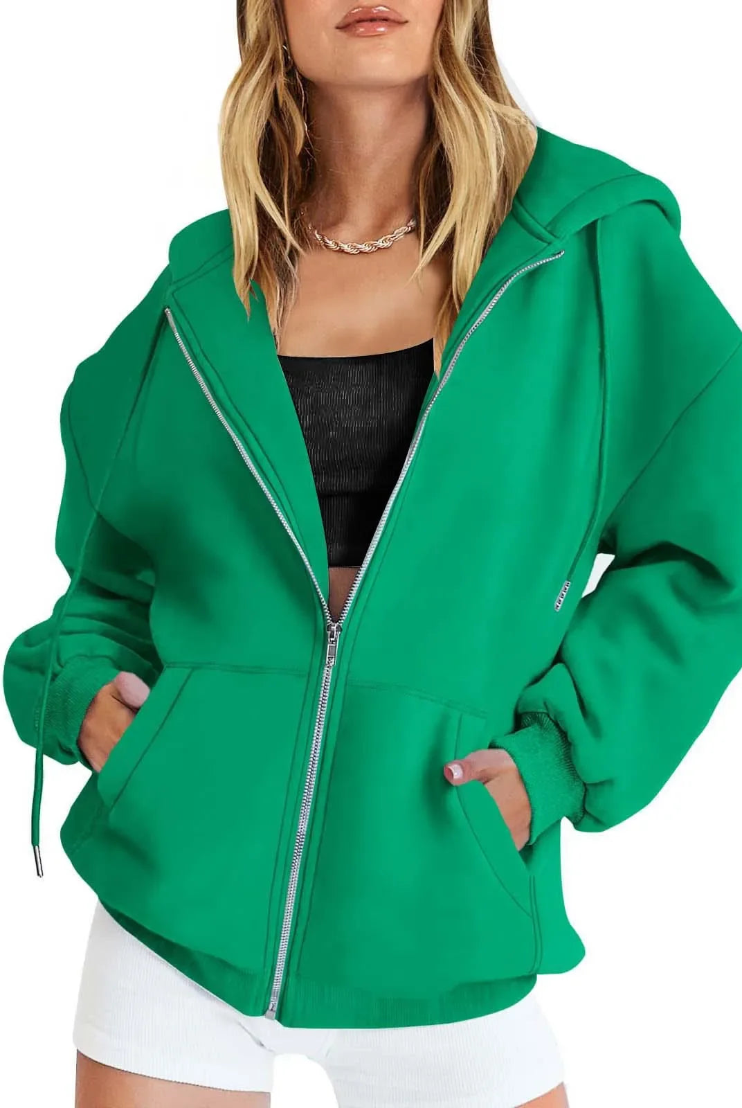 Fashion gray zip-up sweatshirt women autumn winter jacket with hood, long sleeves, daily pockets, and solid versatile design