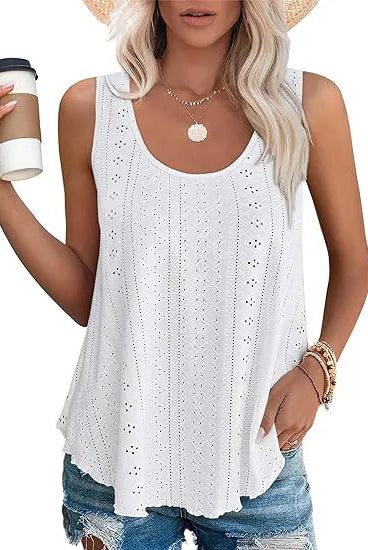 Solid color casual loose sleeveless oversized T-shirt for women, white summer tank top with eyelet detailing, ideal for 2025