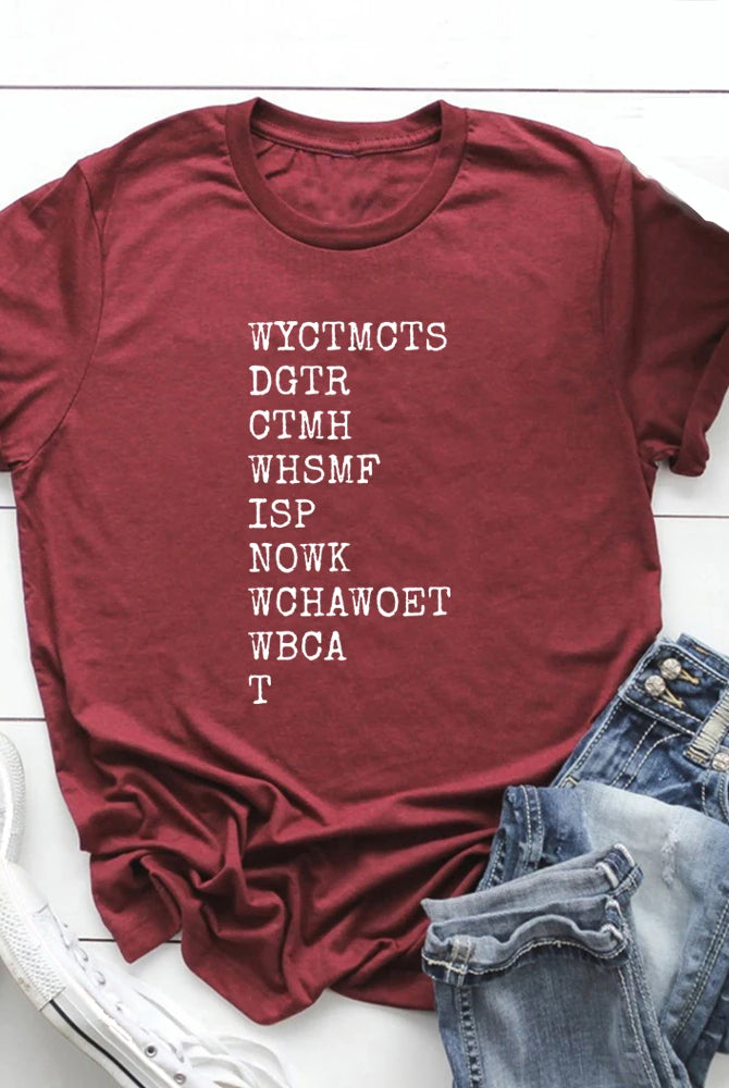 Will You Come To My Cottage This Summer Quote T-Shirt with white text, short sleeves, maroon color, casual style, laid flat
