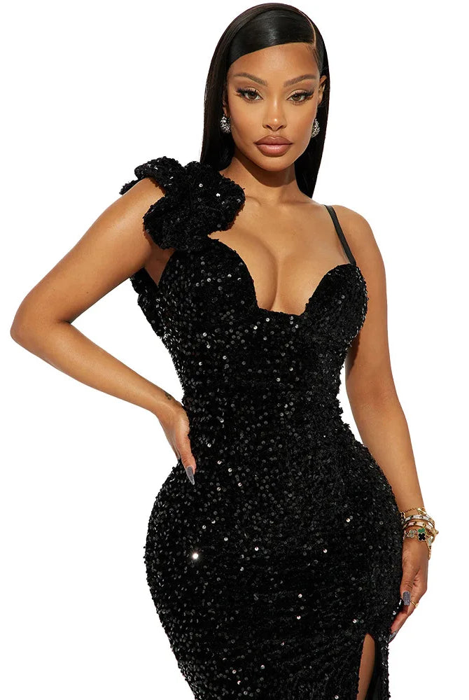 HBLL Sexy Black Red Sequined Split Long Maxi Dress with spaghetti straps, ruffled shoulder detail, and thigh-high slit for