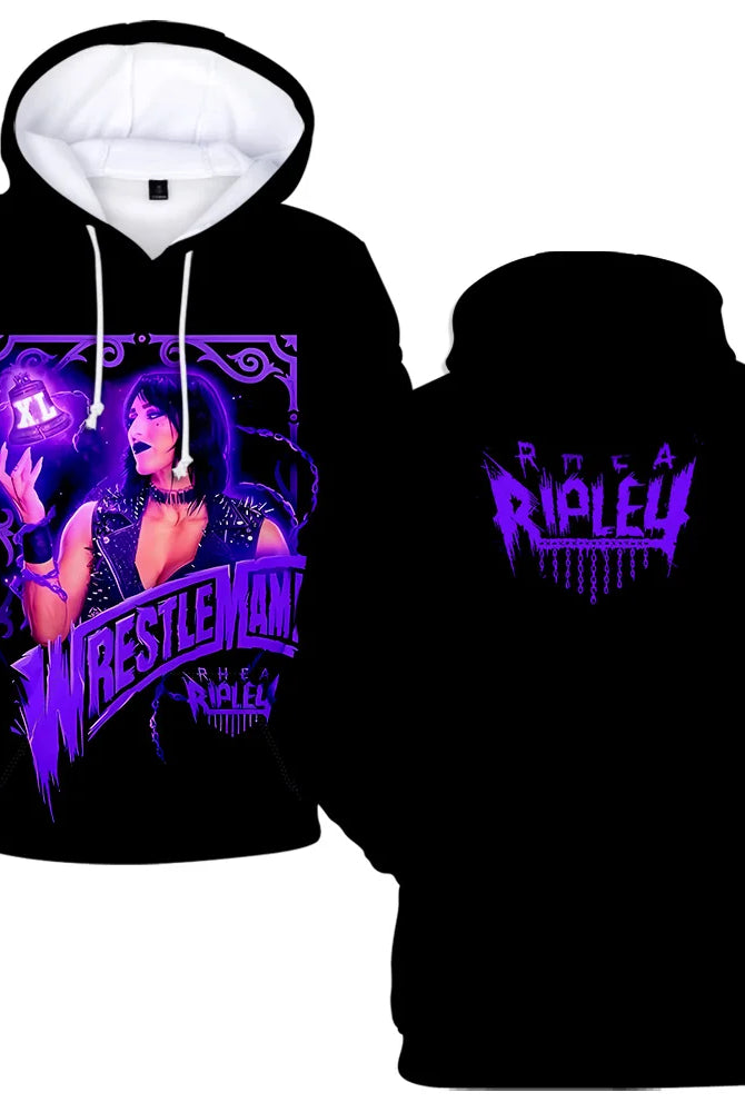 Rhea Ripley Hoodie Merch for women and men featuring a neon purple WrestleMania design, streetwear style, cotton blend fabric, casual and sportswear.