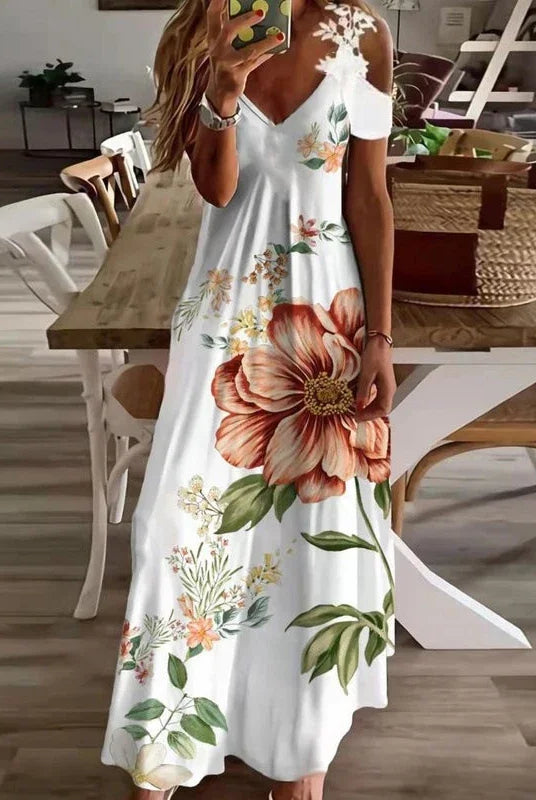 Women's printed white lace sleeveless suspender dress summer fashion casual long dress with large floral pattern in peach