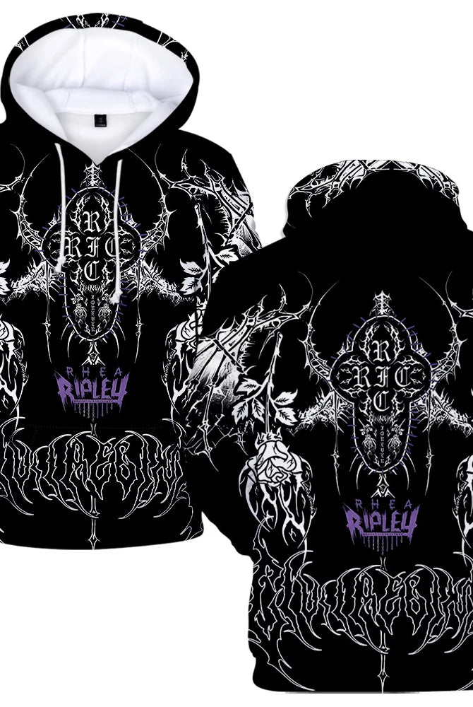 Rhea Ripley hoodie for men and women with black and white gothic design featuring skulls, roses, and purple text, made of soft fabric.