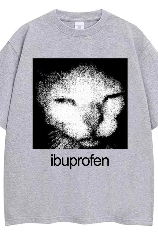 2025 Vintage Funny Ibuprofen Cat Meme graphic T shirt in gray with black and white pixelated cat face and ibuprofen text