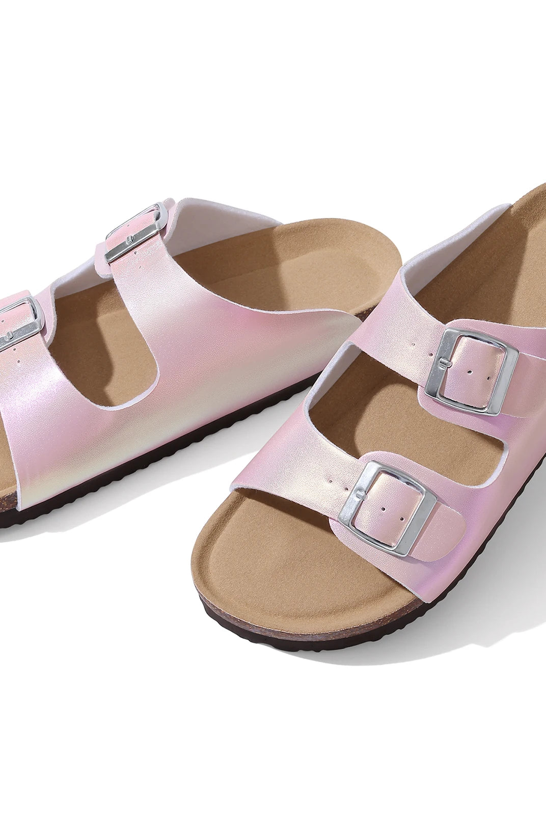Comwarm New Women's Gradient Slippers with pink double buckle straps, cork soles, and flat design for summer beach wear.