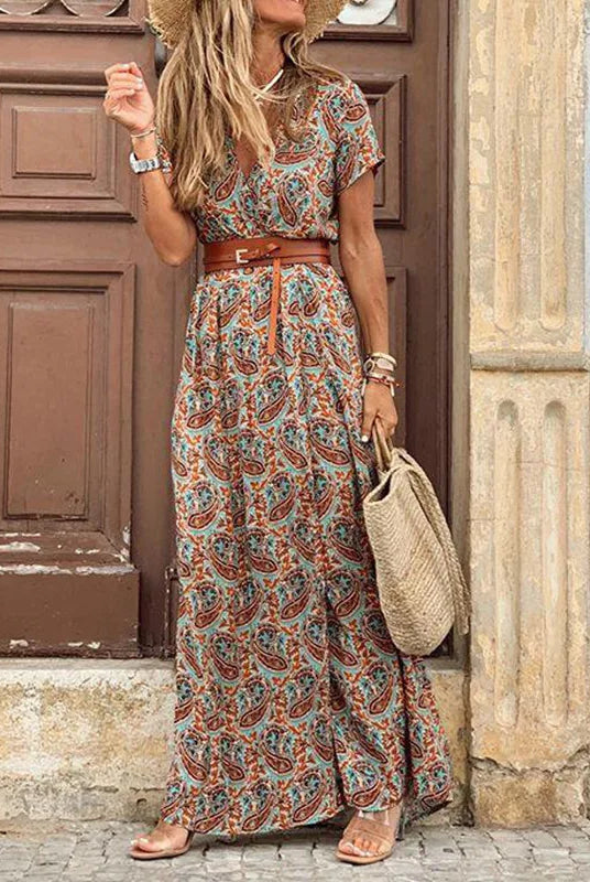 Elegant Floral Pleated H-shaped Midi Dress Female V Neck Puff Sleeve Waist Ruched Button Dresses Women Summer Dress Robe in
