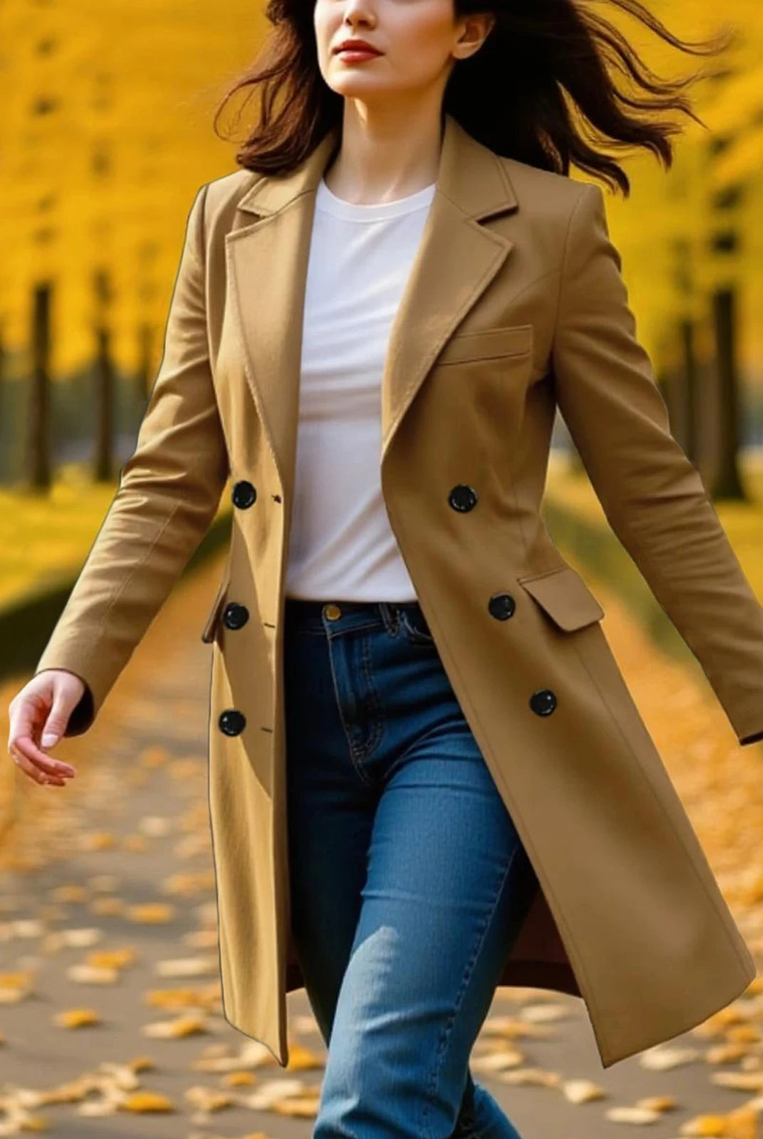 Women's long beige trench coat with lapel collar, button closure, and A-line design, worn over a white top and blue jeans in