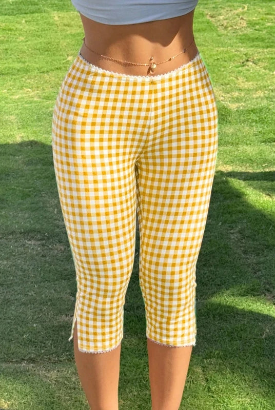 Women Women Capri Pants Elastic High Waist 3/4 Length Slim Fit Trousers with yellow and white plaid print, slit detail
