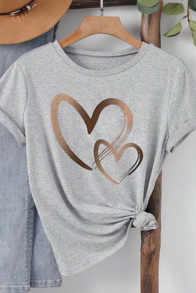Summer New Fashion Women's Heart Printed T-shirt with casual round neck, short sleeves, gray color, and gold and brown heart design.