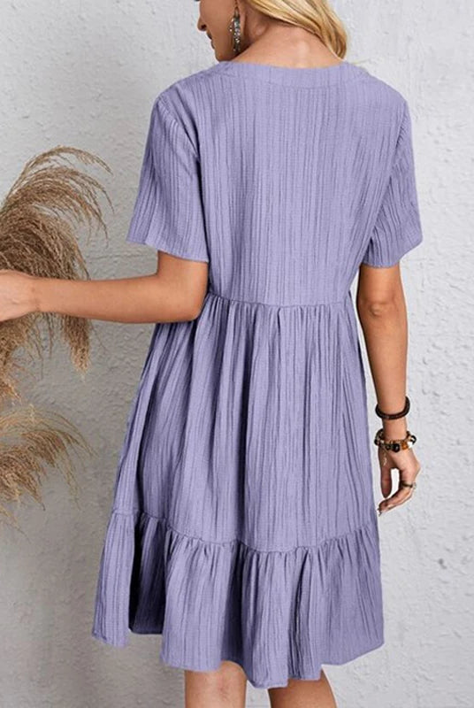 Vintage solid lavender women dress 2023 summer fashion casual V-neck high waist A-line mini dress with short sleeves, suitable for parties.