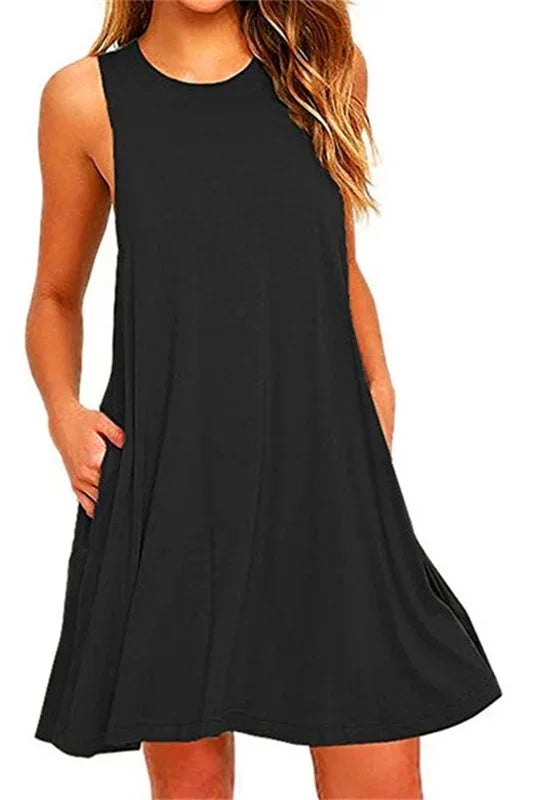 Women's Dress Summer Casual T Shirt Dresses Beach Cover Up Plain Pleated Tank Pockets Dress in black, sleeveless, knee-length, lightweight fabric.