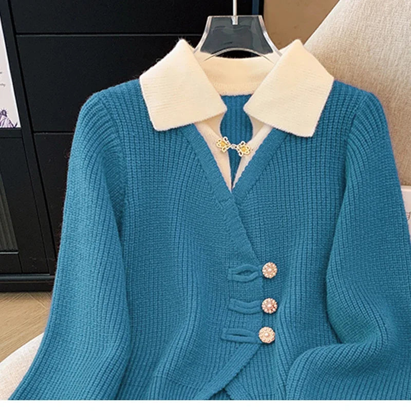 New 2025 Autumn Winter Splicing Slim Women Knitted Cardigan Sweater Jacket with cream collar and decorative buttons
