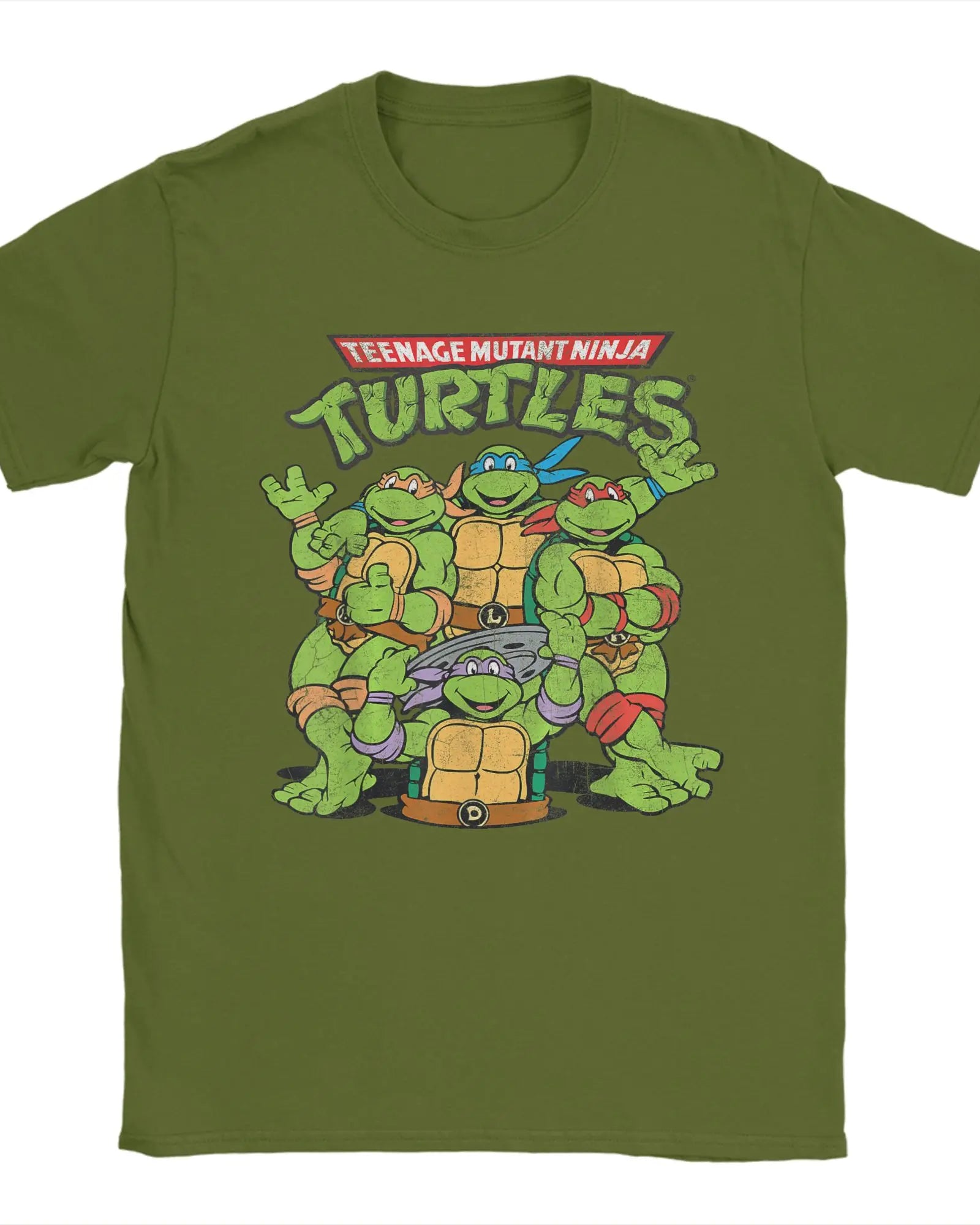 Green cotton T-shirt for men featuring Teenage Mutant Ninja Turtles classic retro logo, short sleeves, round collar, plus size.