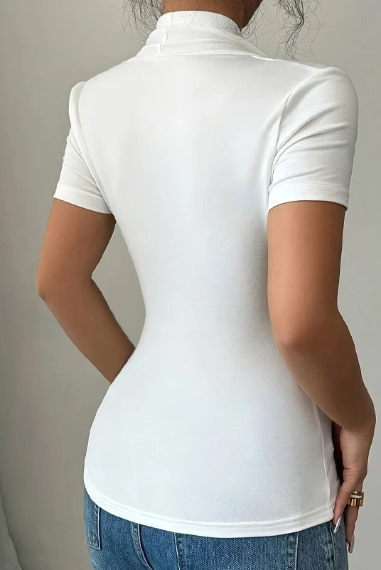 Plus Size V Neck Women T-Shirt casual short sleeve slim fit top in solid white, made of soft fabric, suitable for spring and