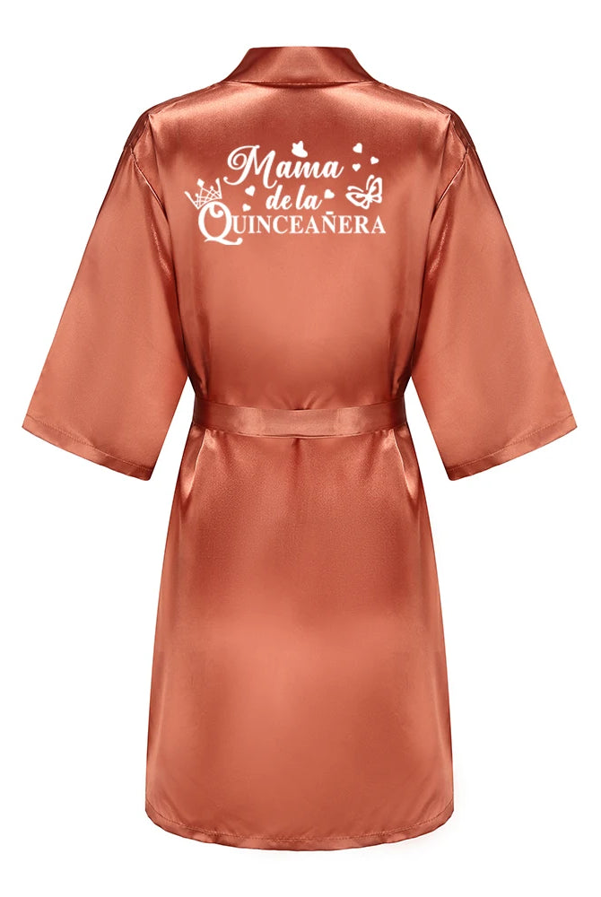 Quinceanera Robes Princess Sweet 15 Years girl birthday party satin robe in royal blue with Mama de la Quinceañera printed on the back.