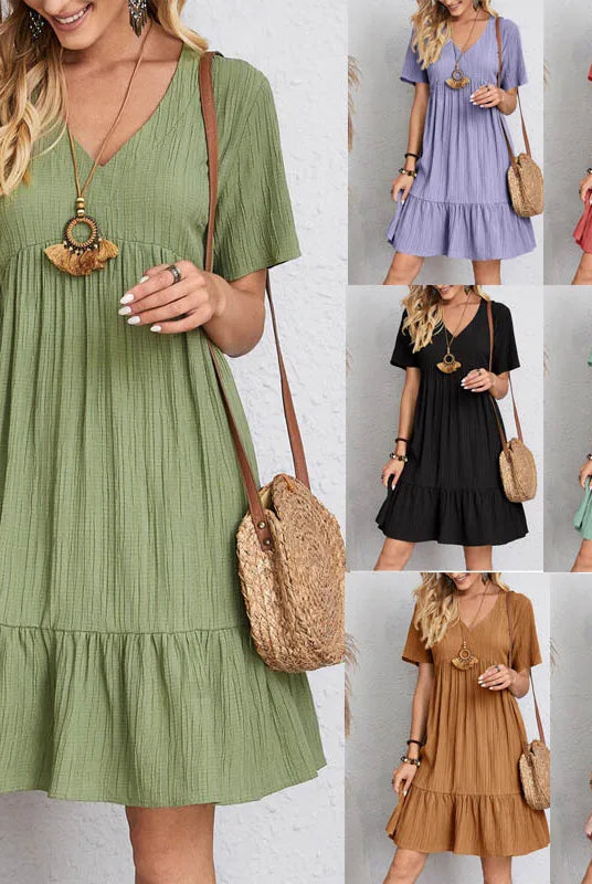 Vintage Solid Elegant Women Dress 2023 Summer Fashion Casual V-Neck High Waist A-Line Mini Dress in green, purple, red, black, teal, brown, and beige, short sleeves, lightweight fabric.