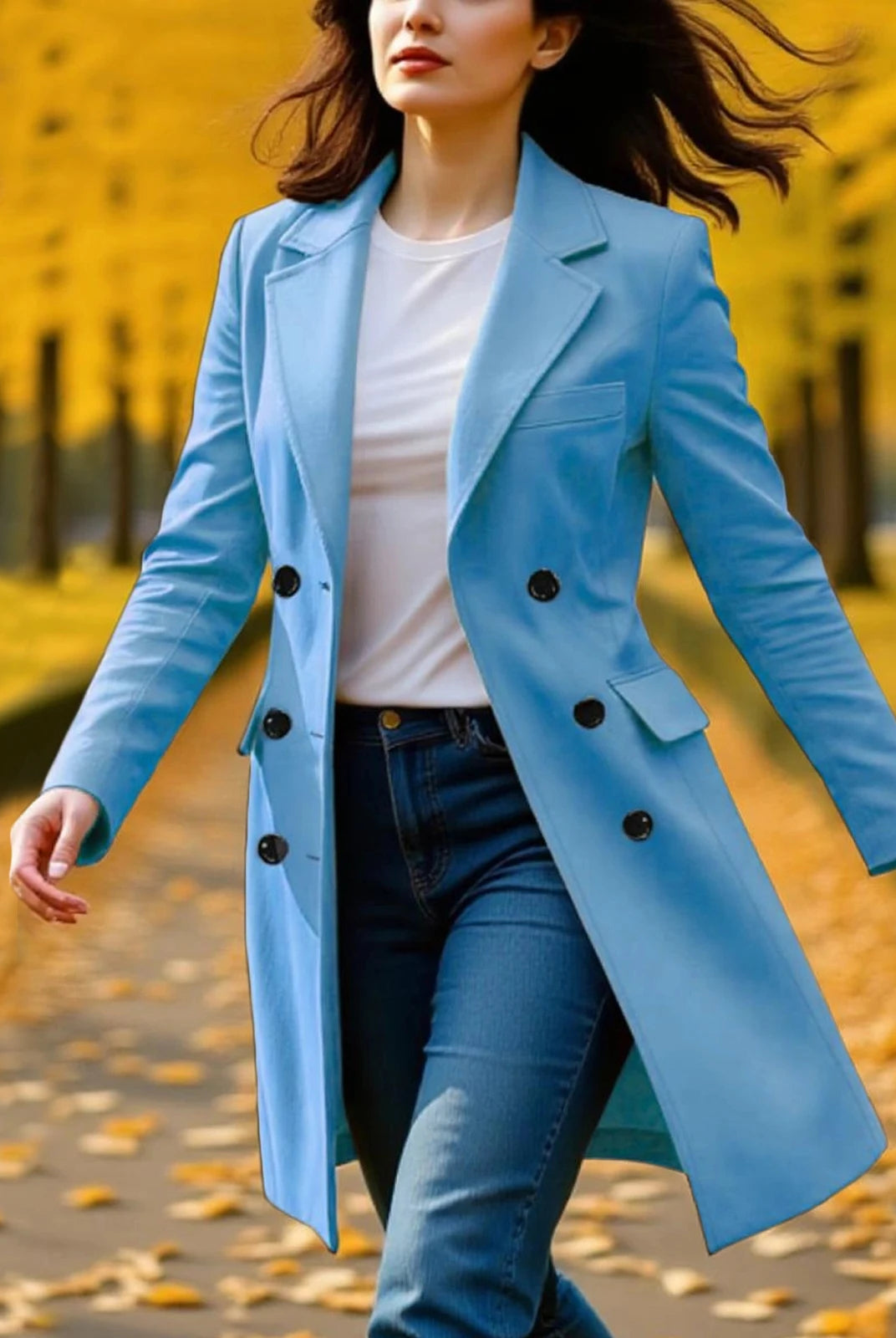 New women's long sleeve lapel breasted trench coat in light blue, stylish A-line fall winter jacket for women.