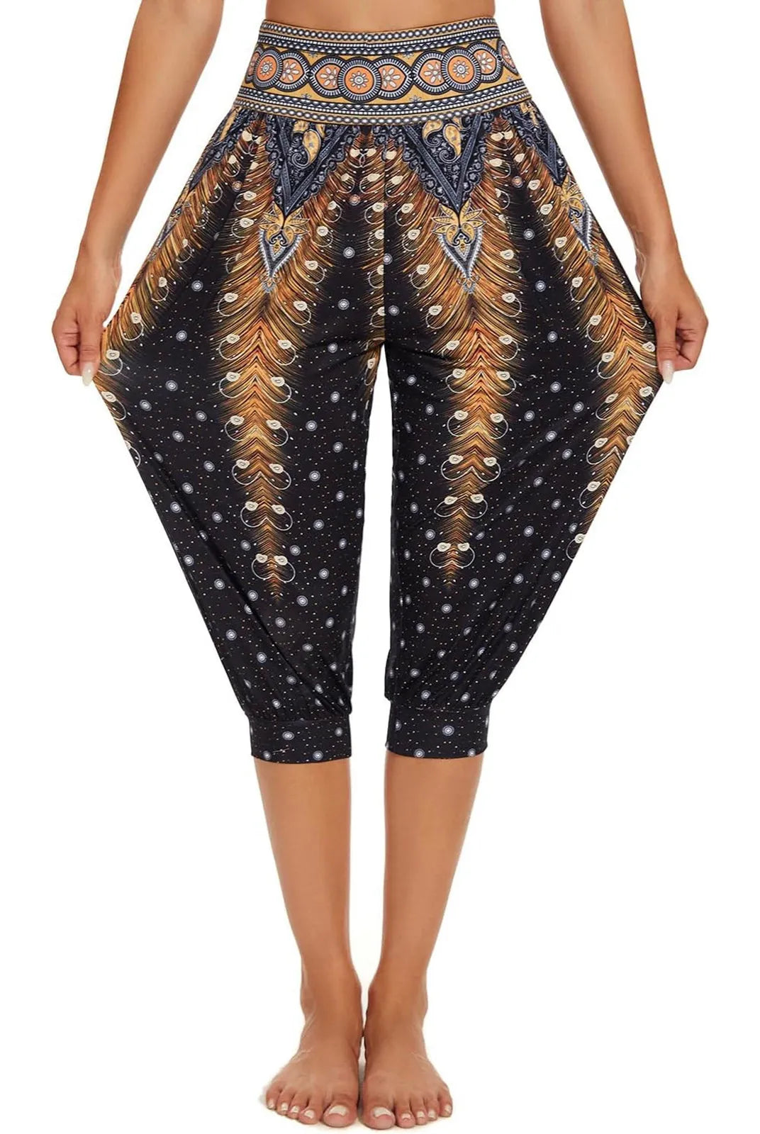 Women's Summer Loose Capri Pants Retro Printed Casual Sports Yoga Jogging Pants with Pockets, black with orange, white, and