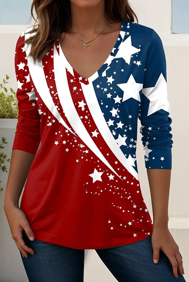 Vintage US Flag 250th anniversary pattern women's long sleeve polyester summer T-shirt with 3D star print casual design.