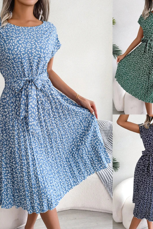 Gaun Berlipat Floral Wanita Gaun Midi Perban Ruched lengan pendek leher-o kasual musim panas, boho chic A-line pantai, in