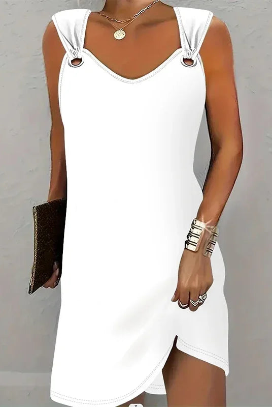 Women's fashionable casual solid color suspender dress sleeveless summer comfortable skirt in white with shoulder straps and