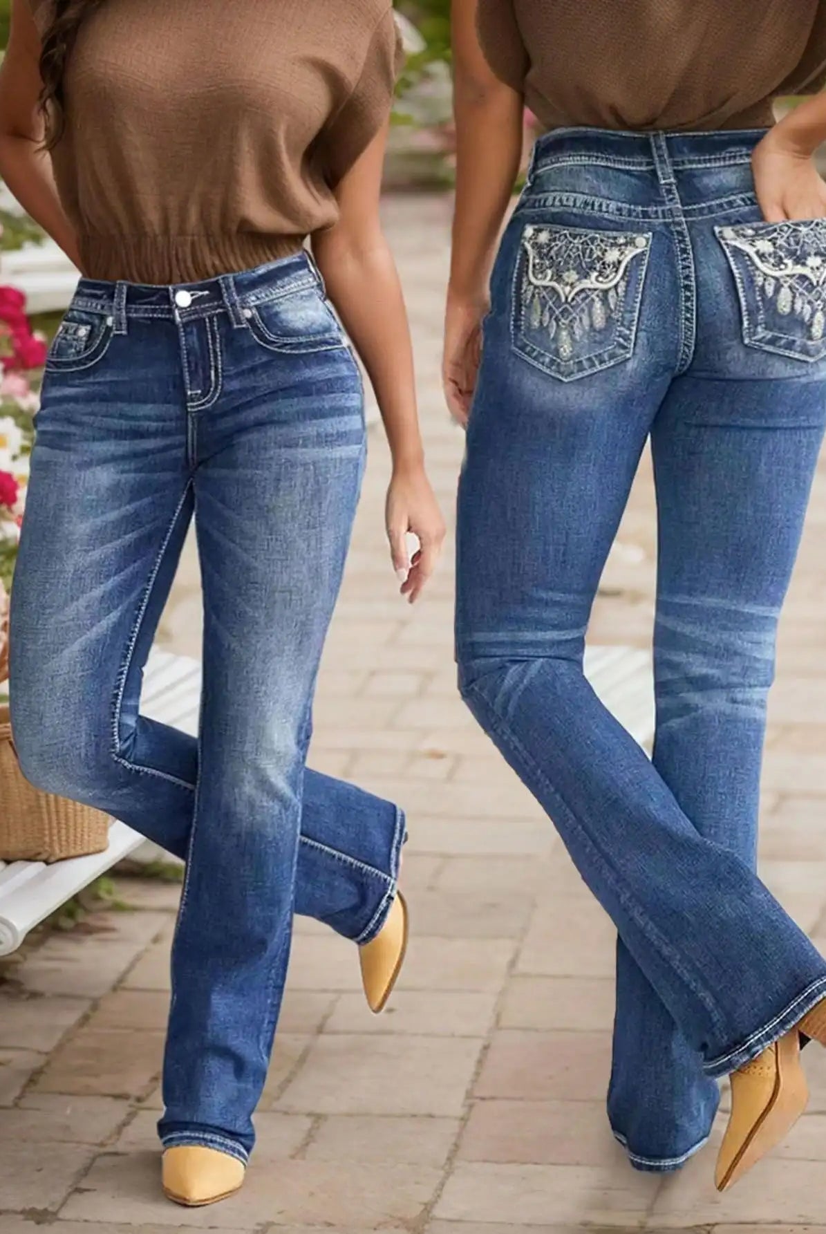 Women's Embroidered Wash Denim Jeans with heavy-duty stitching and intricate embroidery on back pockets, showcasing style