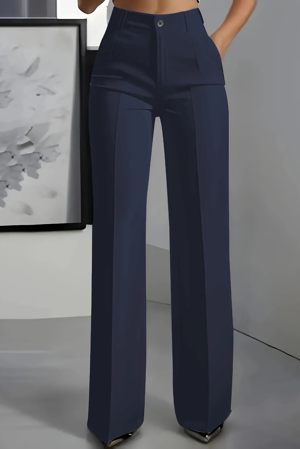 Women's High-Waisted Straight-Leg Trousers Formal Office Trousers Slim-Fit Cut Classic Solid-Colour Suit Trousers in navy blue fabric.
