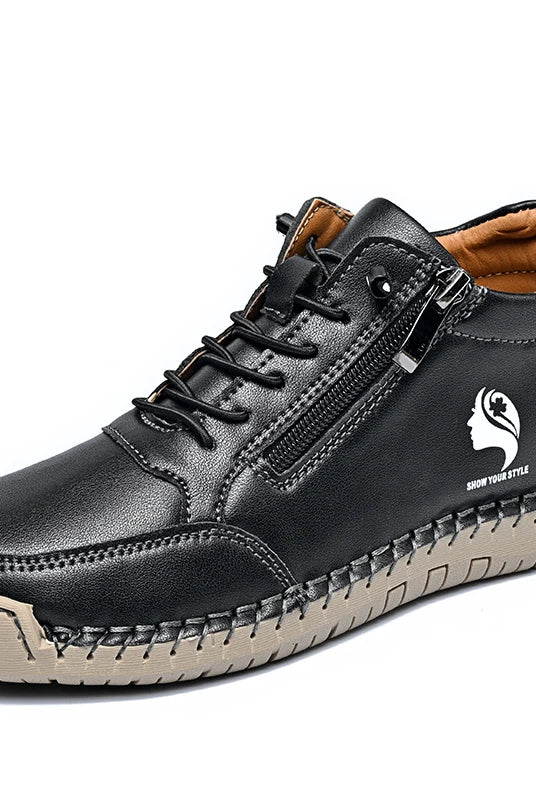 Women casual shoes with black leather exterior, breathable interior, non-slip wear-resistant outdoor design, featuring side