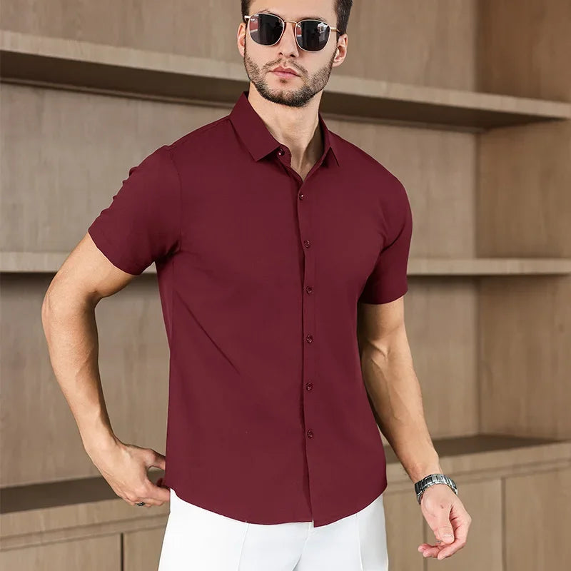 New Men's Business Casual Solid Color Short Sleeved Shirt for Summer Fashion No Ironing in burgundy, made of comfortable fabric, versatile for casual or office wear.