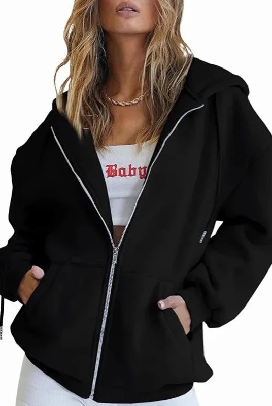 Fashion Gray Zip Up Sweatshirt Women Autumn Winter Jacket Clothes Hoodies Daily Pockets Long Sleeve Solid Versatile Lady