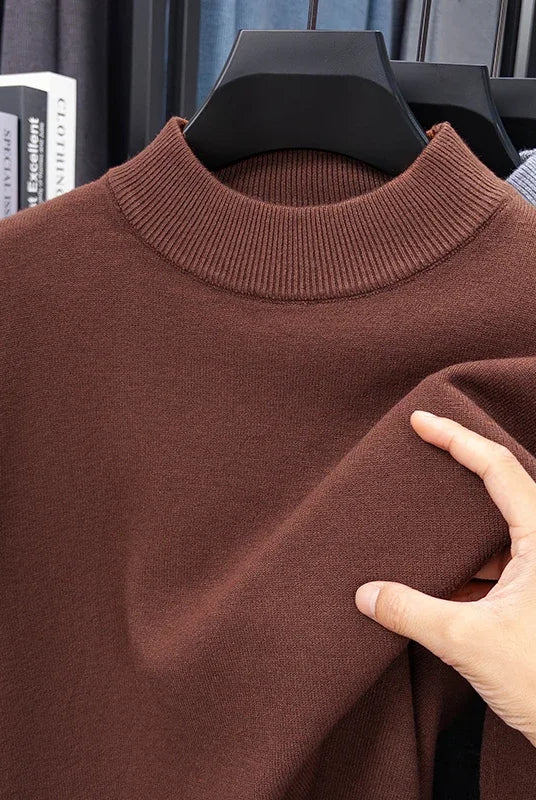 Half turtleneck knitwear sweater in solid brown color, featuring a mock neck and casual men's pullover design for autumn and