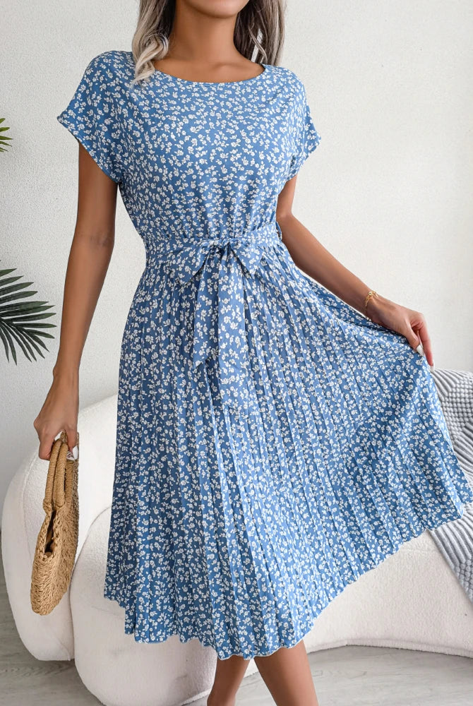 Gaun Berlipat Floral Wanita gaun midi berperban ruched lengan pendek dan leher-o kasual musim panas, boho chic A-line