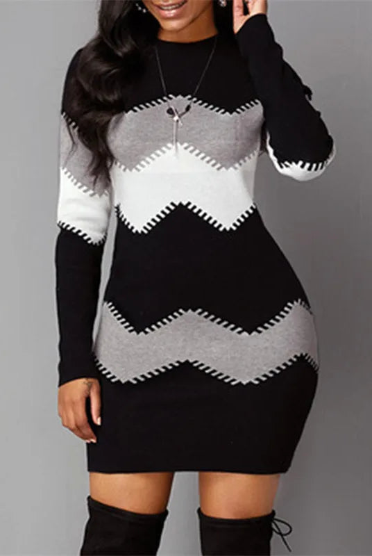 Women elegant patchwork long sleeve warm dress 2022 autumn winter rib knit sweater dress with turtleneck in black, white