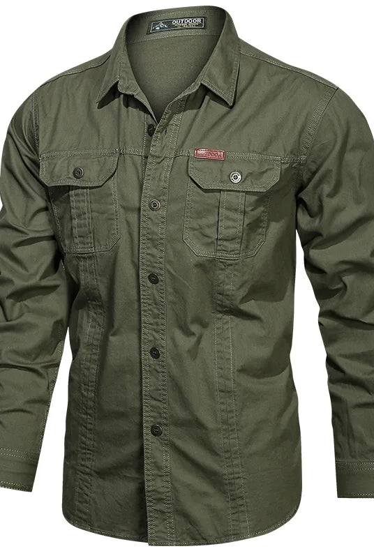 100% Cotton High Quality Spring Fall Men's Long-Sleeve Solid Color Casual Shirt Multi Pocket 6XL Large Size Cargo Jacket in olive green