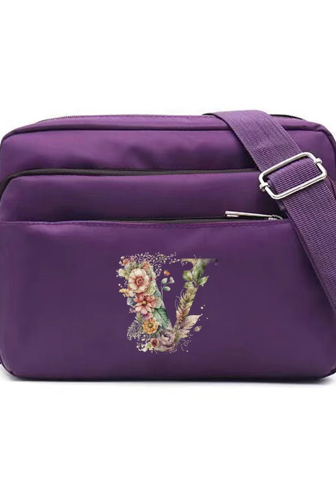 Leisure Purple One Shoulder Crossbody Bag with floral letter V print, large capacity, portable for commuting, made of