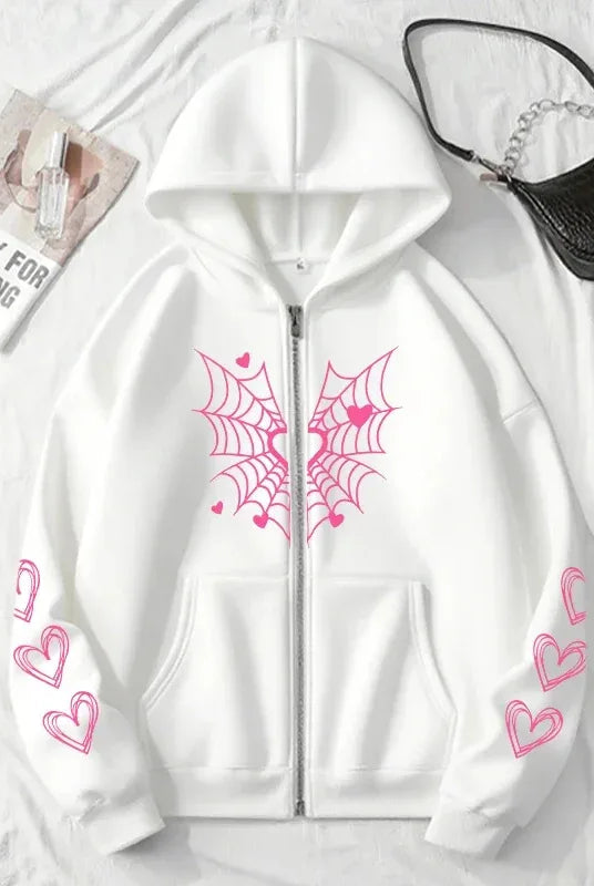2025 Hot Sale Women's Hoodie with pink spider web and heart print, all-season casual zip-up sweatshirt in white with hood