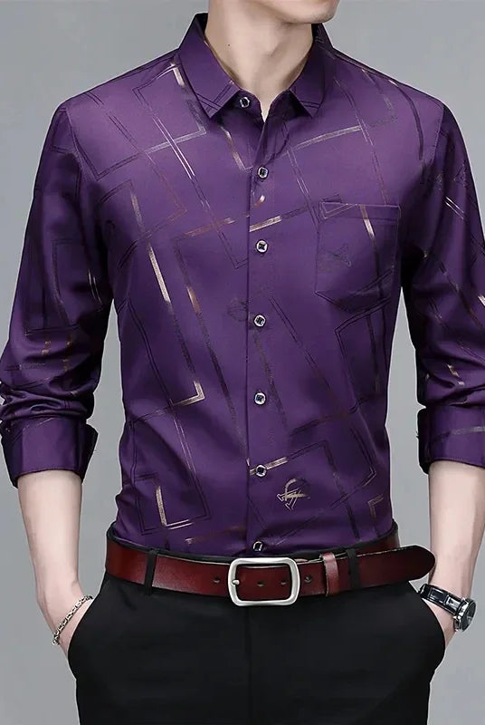 Men's casual long-sleeved printed shirt in purple with geometric patterns, non-ironing, wrinkle-resistant, suitable for business and fashion.