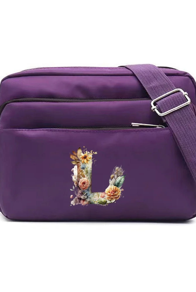 Leisure Purple One Shoulder Crossbody Bag with floral letter L print, large capacity, made of durable fabric, for commuting